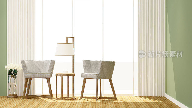 客厅和阳台白色背景的艺术品房出租或住宅-室内设计- 3D渲染